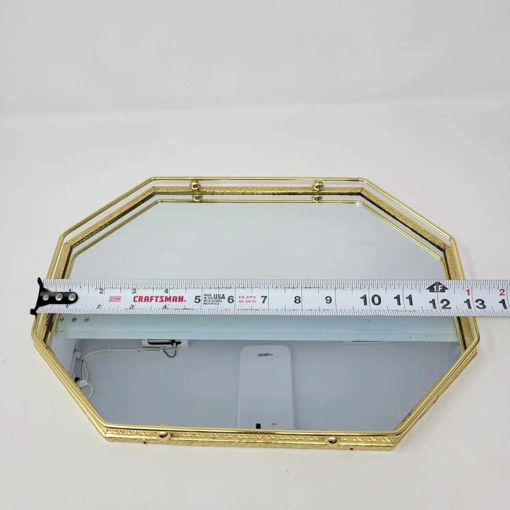 Vintage Gold‎ Brass Octagon Mirrored Vanity Tray Hollywood Regency Filigree 13x9